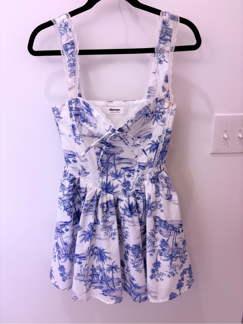 Showpo Idris Toile De Jouy Corset Mini Dress Blue White Lace Trim Size 4 - Picture 5 of 15
